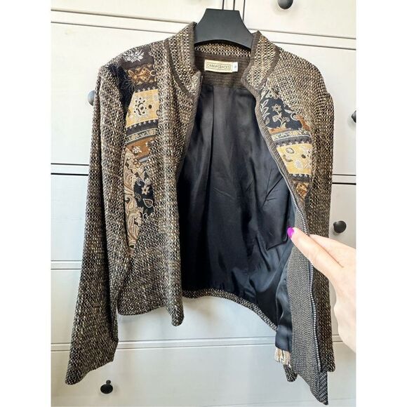 Canvasbacks Vintage 1990's Tapestry Bomber Jacket Asymmetrical Patchwork size 16 - Picture 12 of 16